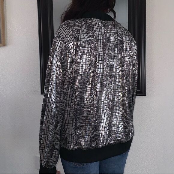 Shein Curve Womens Snakeskin Metallic Long Sleeve Full Zip Jacket Silver 4XL - Picture 4 of 10